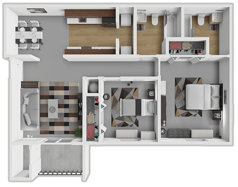 Floor plan for 2 beds, 2 baths, 883 sqft